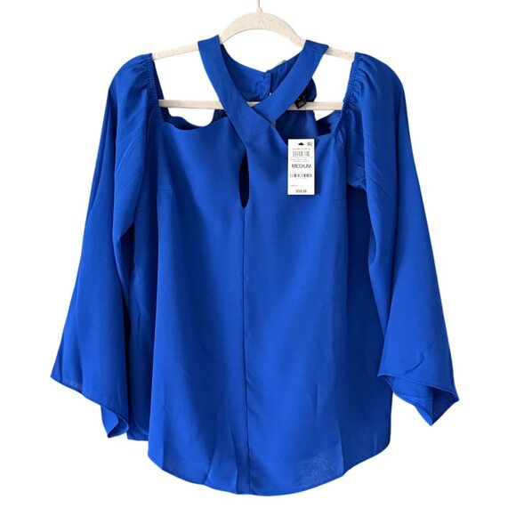 INC Tops - INC Halter Neckline Cold Shoulder Long Sleeve Keyhole Chest Blue Womens Top NWT